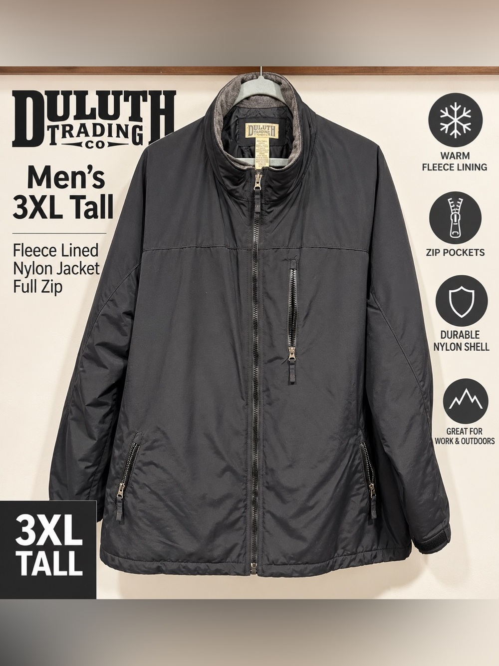 Duluth Trading Co Men’s 3XL Tall Black Fleece Lined Nylon Jacket Full Zip